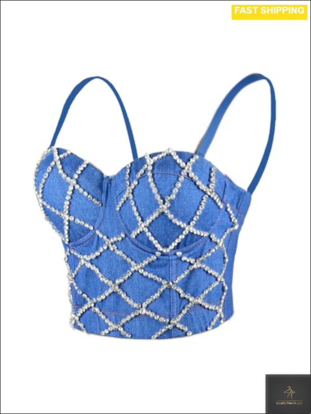 ELLACCI Criss Cross Rhinestone Denim Bustier Crop Top Corset Bra